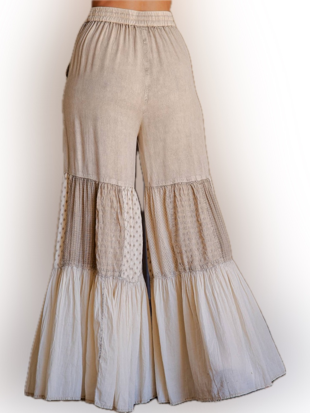 NWT- Tiered Wide-Leg Patchwork Pants - Latte Young Threads - Picture 11 of 14